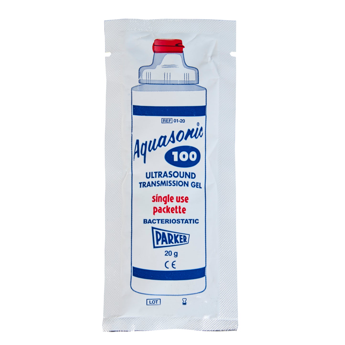 Packet of Parker Labs Aquasonic 100 Ultrasound Transmission Gel, single-use, 20g, with a white background and blue and red text.