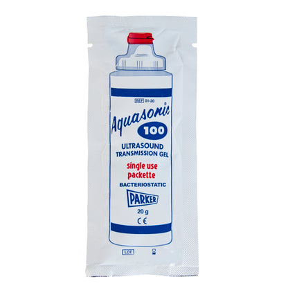 Packet of Parker Labs Aquasonic 100 Ultrasound Transmission Gel, single-use, 20g, with a white background and blue and red text.