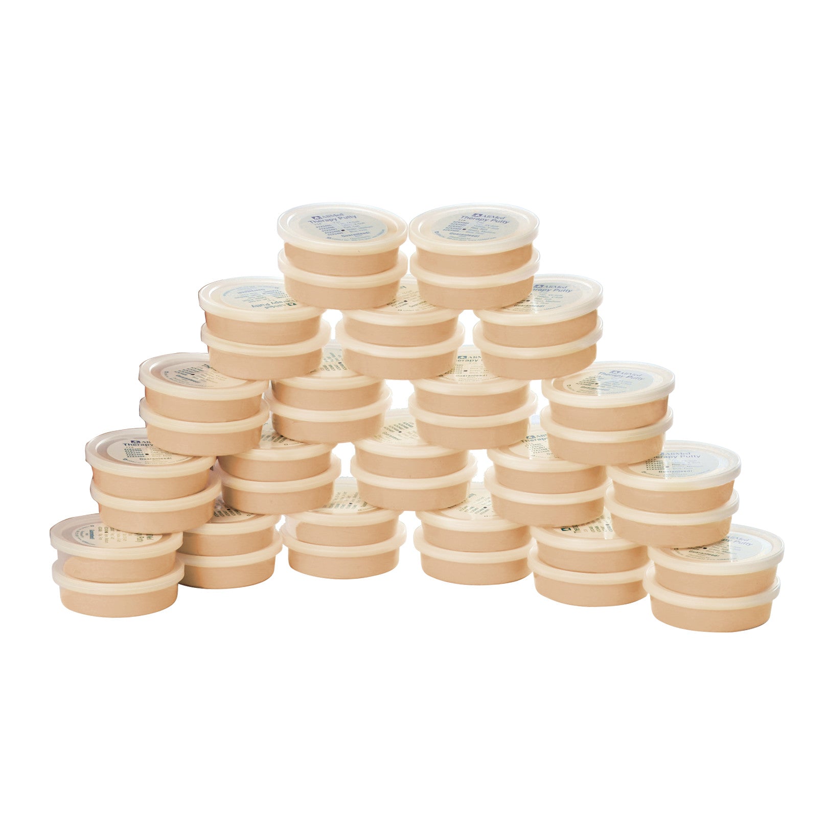 A pyramid stack of beige containers labeled "AliMed Therapy Putty Pack Kit" with clear lids on each container.
