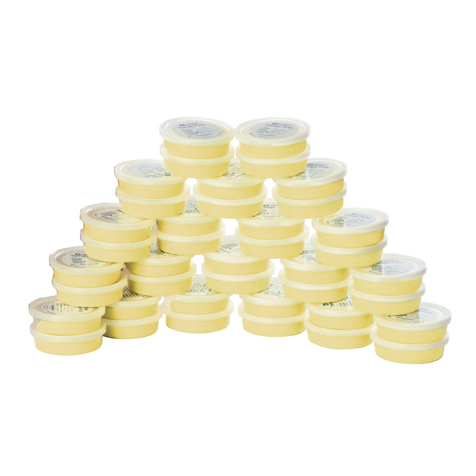 A pyramid of yellow containers labeled as "AliMed Therapy Putty Pack Kit," arranged in a stacked formation.