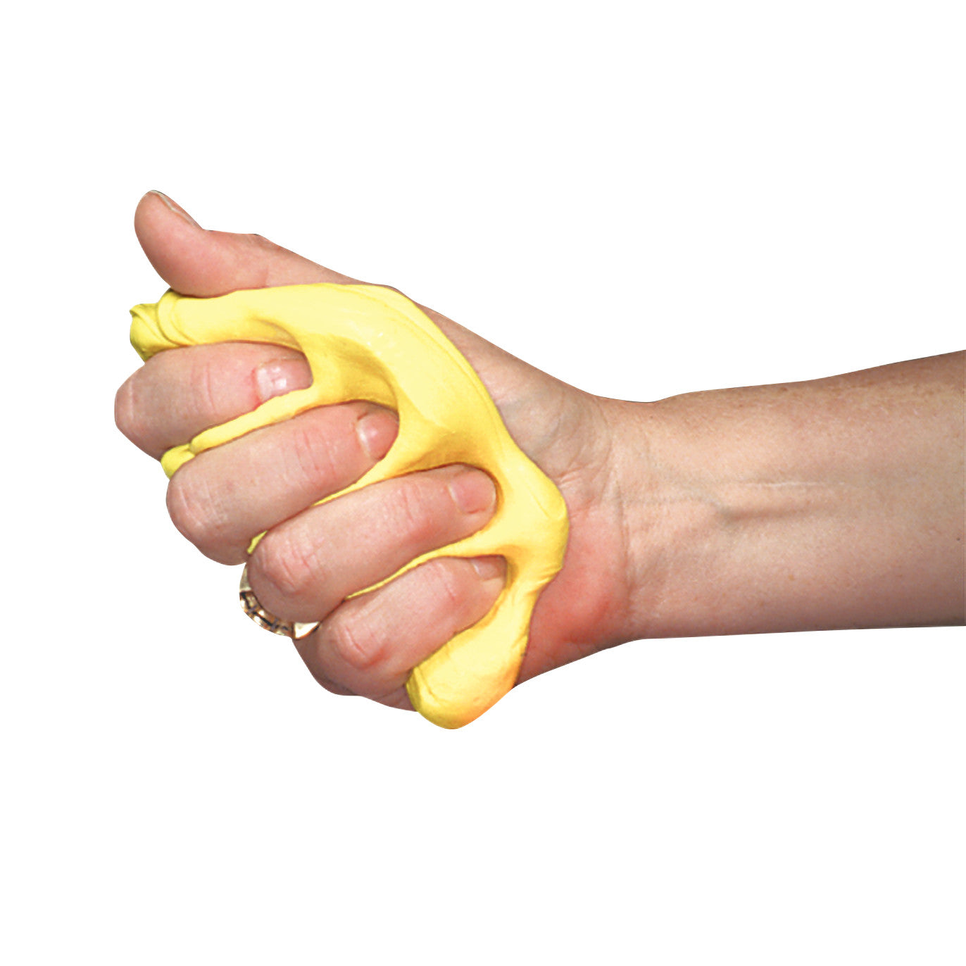 A hand squeezes yellow putty from the AliMed Therapy Putty Pack Kit, demonstrating its flexibility and therapeutic use.