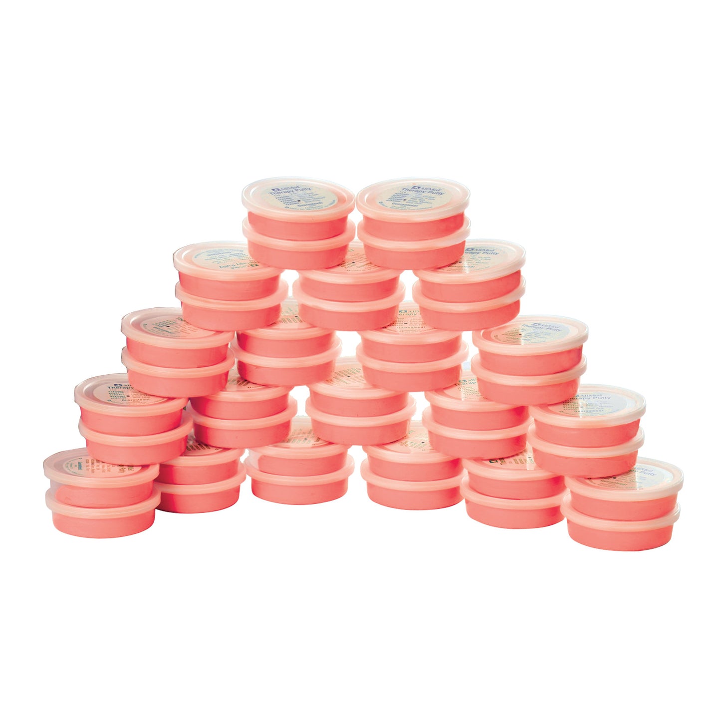 Pyramid stack of AliMed Therapy Putty Pack Kit containers, featuring pink putty in clear-lidded plastic tubs.