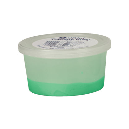 A small container of AliMed Color-Coded Therapy Putty with a green putty inside and a labeled lid.