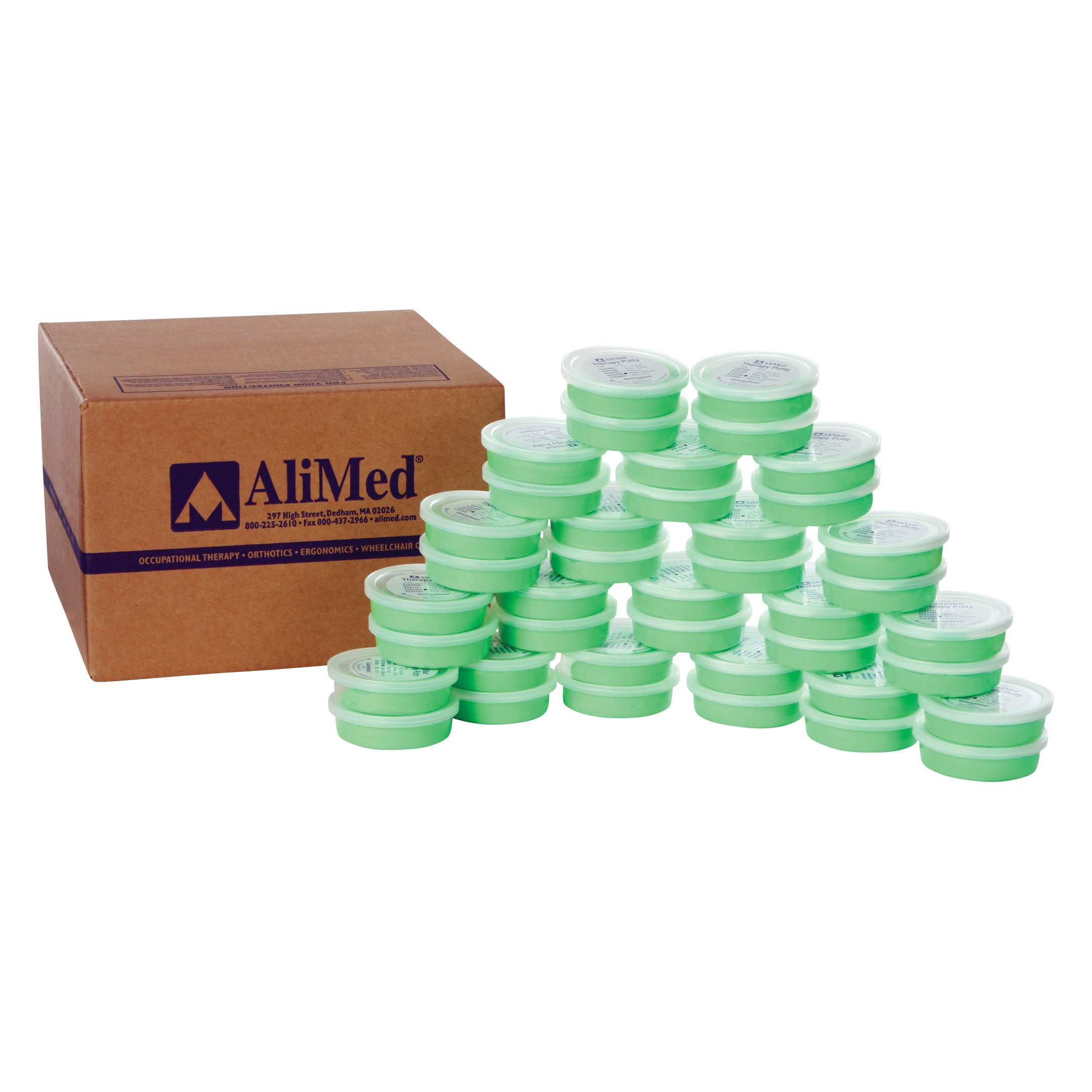 Box and stacked containers of AliMed Therapy Putty Pack Kit, with the putty in green, used for occupational therapy exercises.