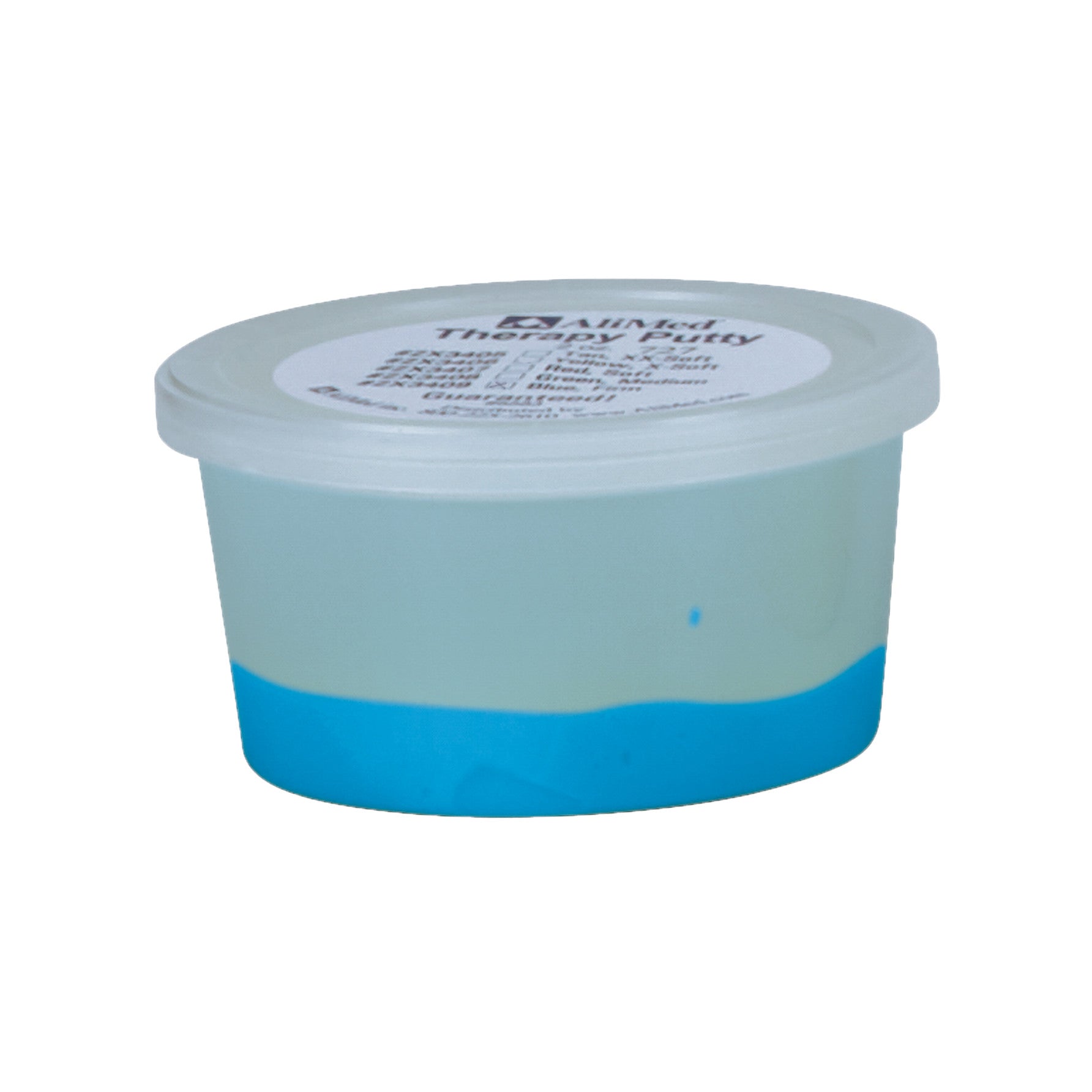 A small container of AliMed Color-Coded Therapy Putty with a blue base and a white lid displaying the product label.