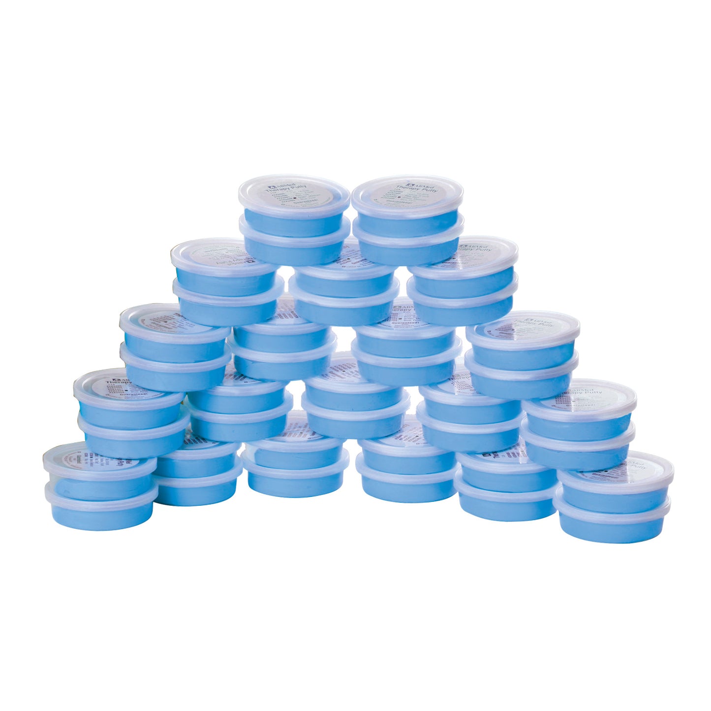 Stacks of blue containers form a pyramid shape. The containers are labeled "AliMed Therapy Putty Pack Kit."