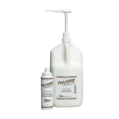 Two bottles of Parker Labs Polysonic Ultrasonic Lotion POLYPAC Kit, one large with a pump and one smaller without.