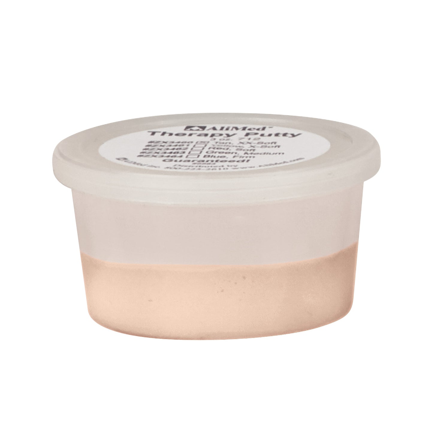 A small, clear container of AliMed Color-Coded Therapy Putty with a fitted lid and label on top.