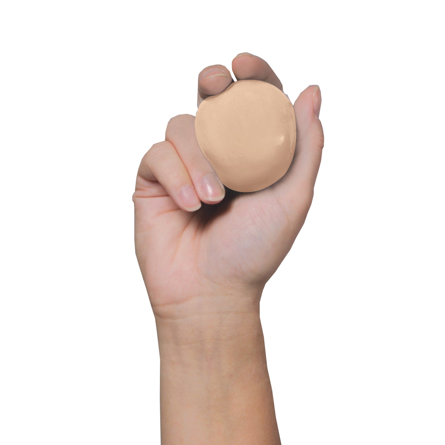 A hand holds a beige piece of AliMed Color-Coded Therapy Putty against a white background.