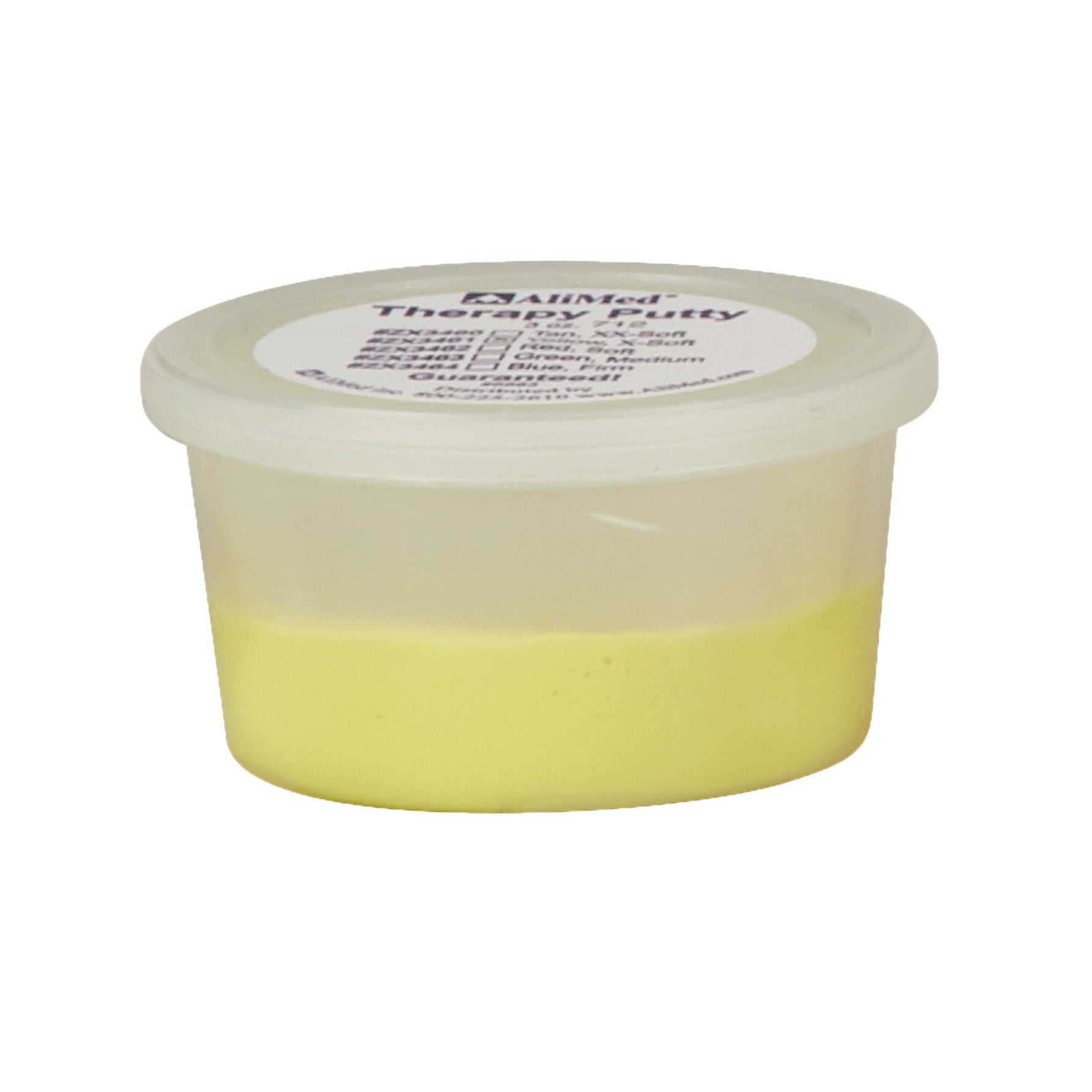 AliMed Color-Coded Therapy Putty in a small, translucent container with a lid, containing yellow putty.