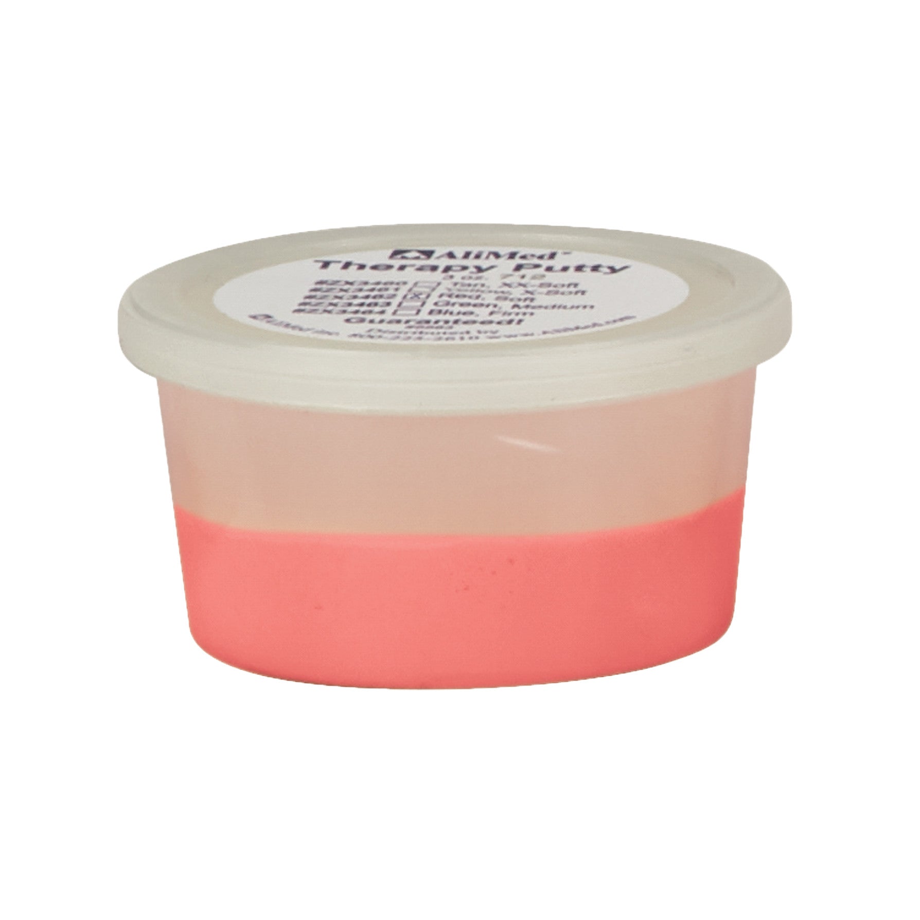 AliMed Color-Coded Therapy Putty in a small transparent container with a label on the lid, showing a pink-colored putty inside.