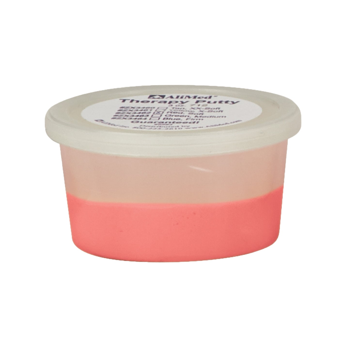 AliMed Color-Coded Therapy Putty in a small transparent container with a label on the lid, showing a pink-colored putty inside.