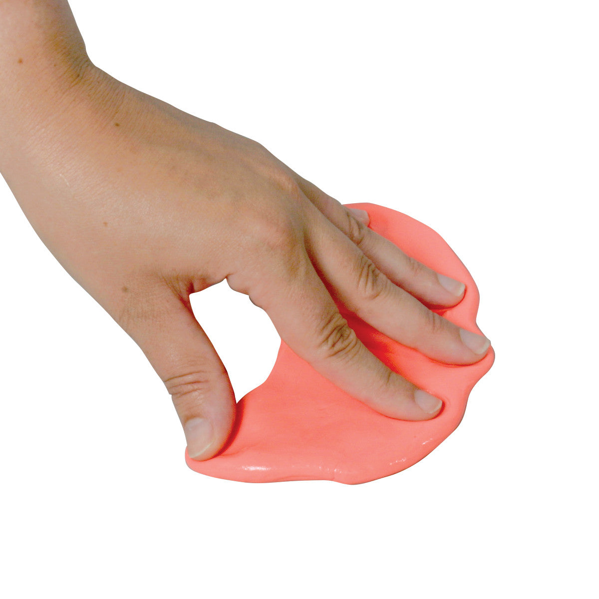 A hand pressing onto AliMed Color-Coded Therapy Putty, which is pink and soft, against a white background.