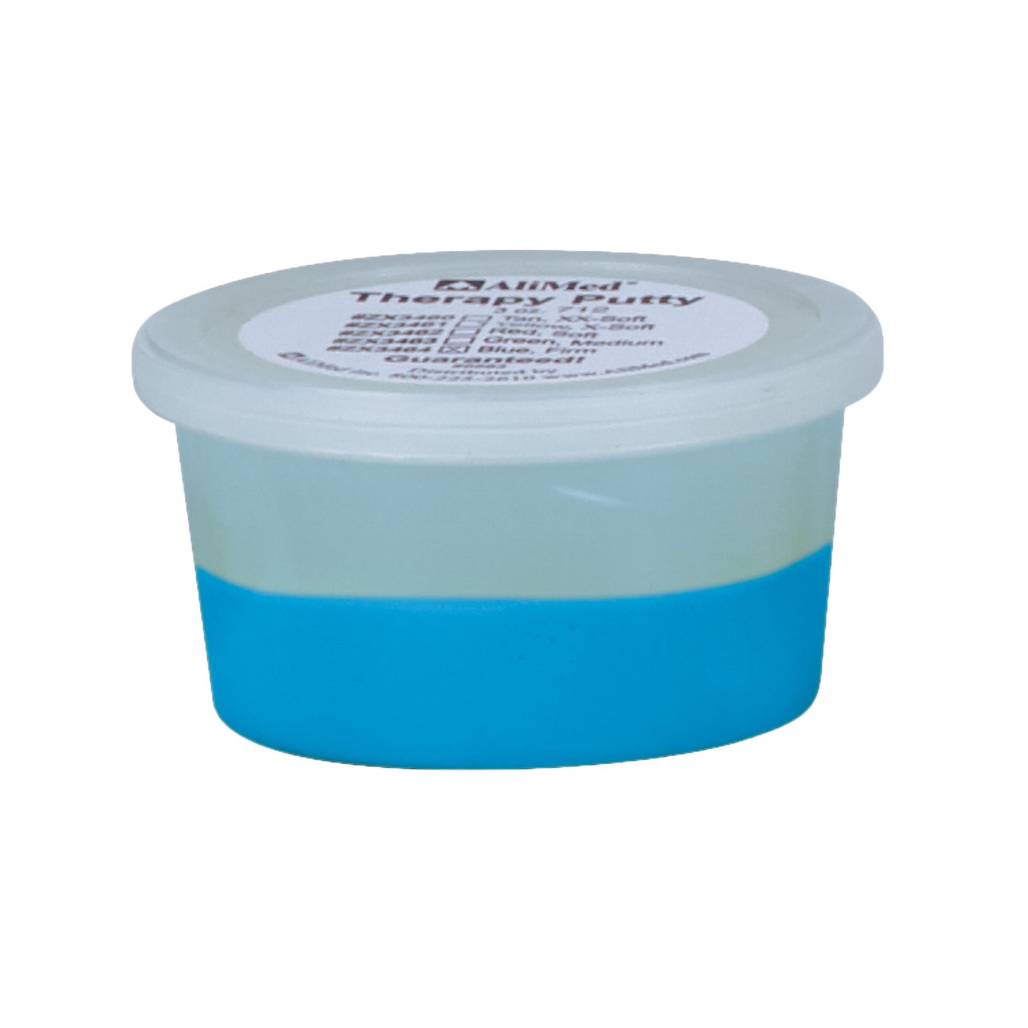 A small container of AliMed Color-Coded Therapy Putty with blue putty inside. The lid has a printed label on top.