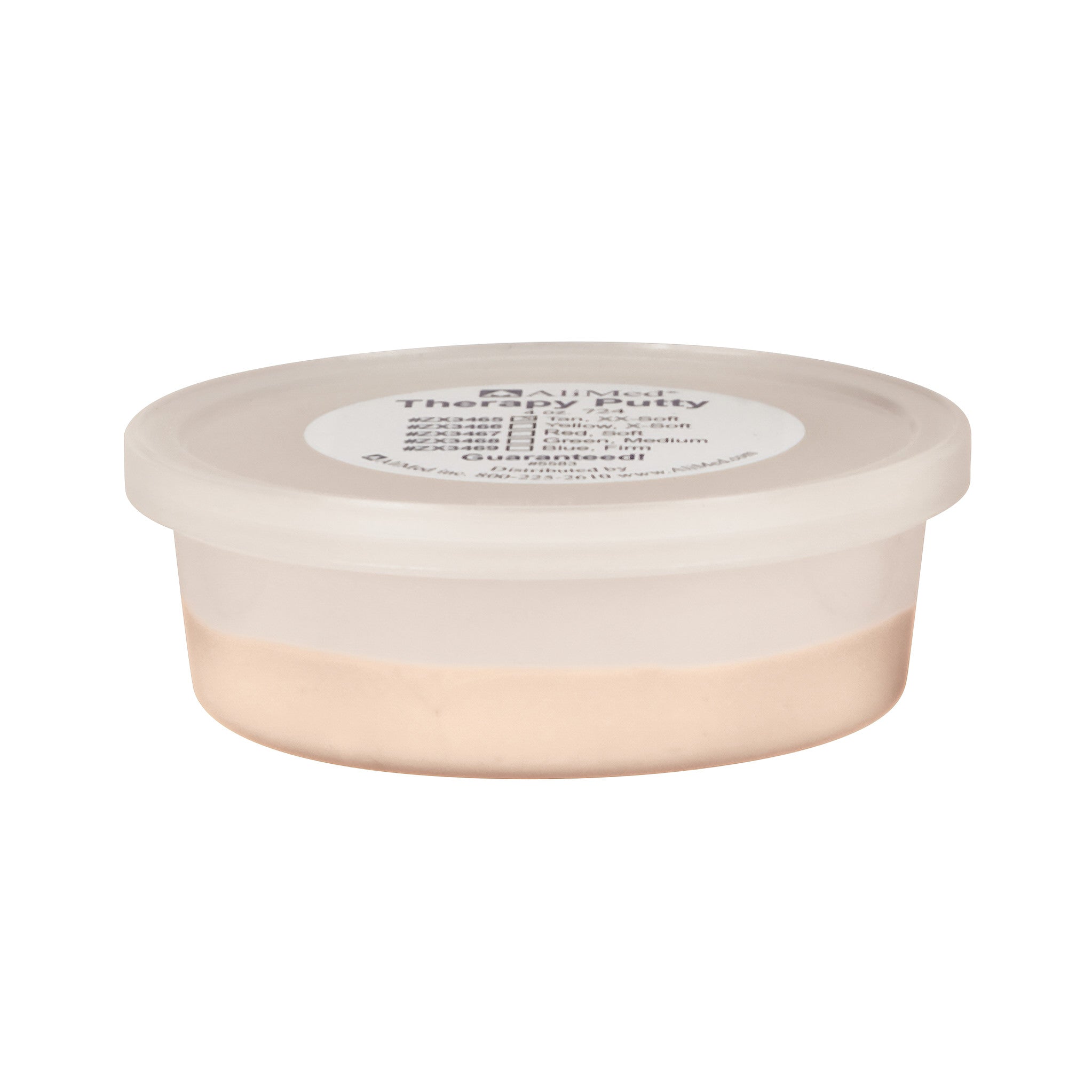 A small container of AliMed Color-Coded Therapy Putty with a beige lid and label, filled with peach-colored putty.