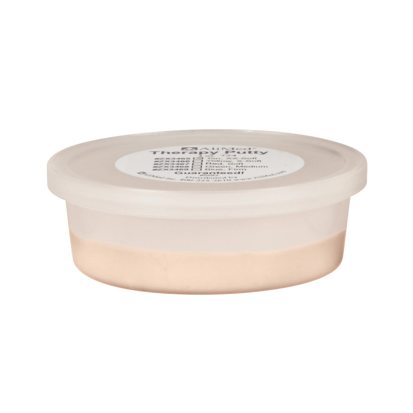 A small container of AliMed Color-Coded Therapy Putty with a beige lid and label, filled with peach-colored putty.