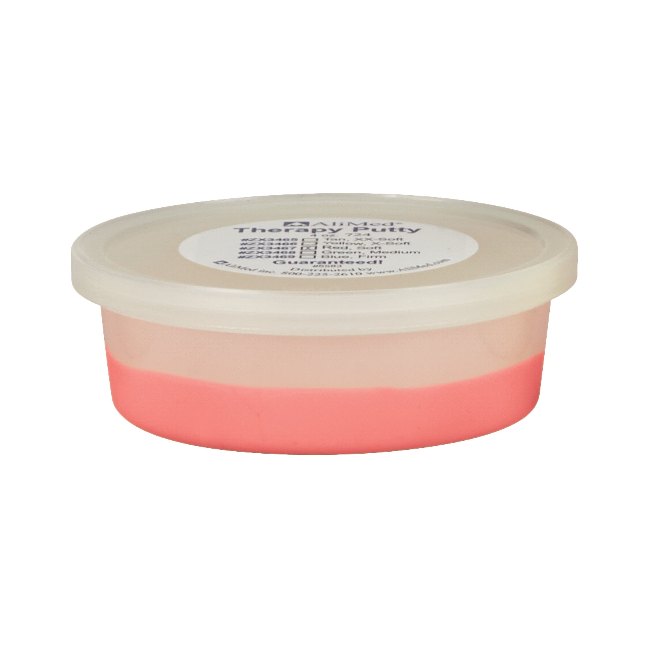 A small container of AliMed Color-Coded Therapy Putty, pink in color, with a white lid featuring printed text on top.