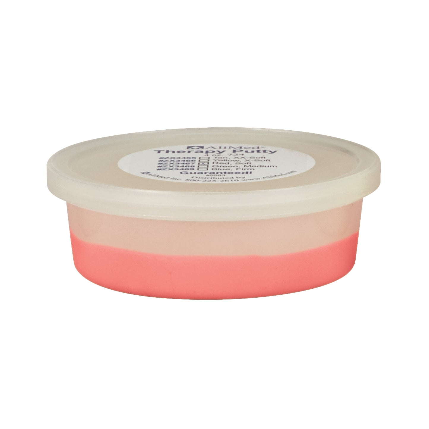 A small container of AliMed Color-Coded Therapy Putty, pink in color, with a white lid featuring printed text on top.