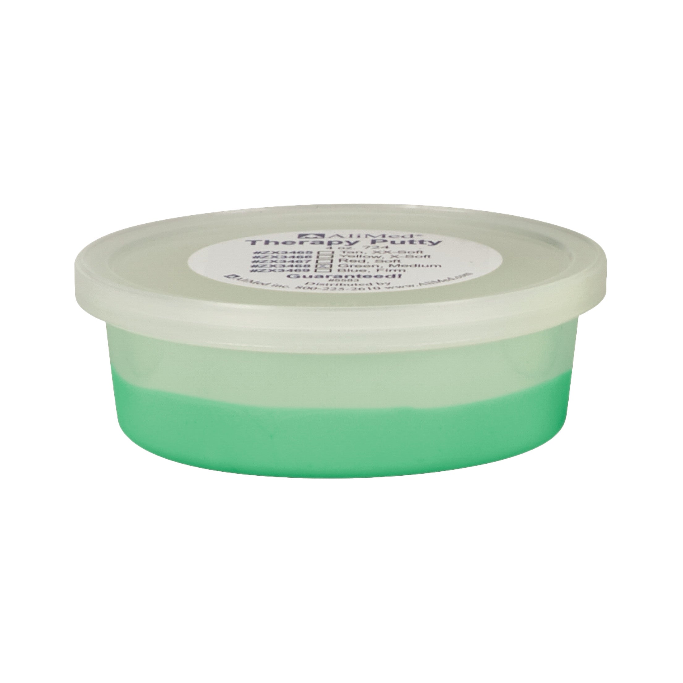 A small container of AliMed Color-Coded Therapy Putty with a green putty inside and a sealed white lid featuring printed text.