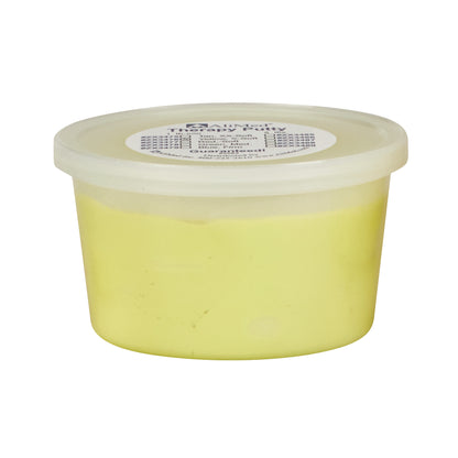 A yellow container of AliMed Color-Coded Therapy Putty with a labeled lid, used for hand therapy exercises.