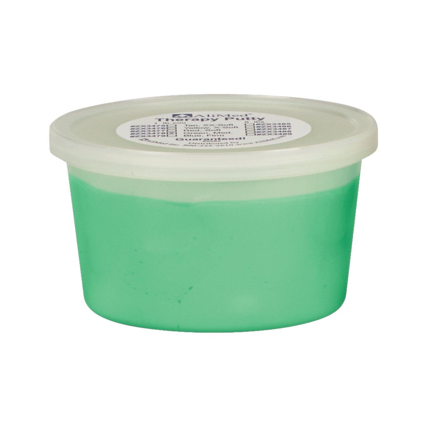 AliMed Color-Coded Therapy Putty in a green hue, shown in a clear plastic container with a white lid and a label on top.