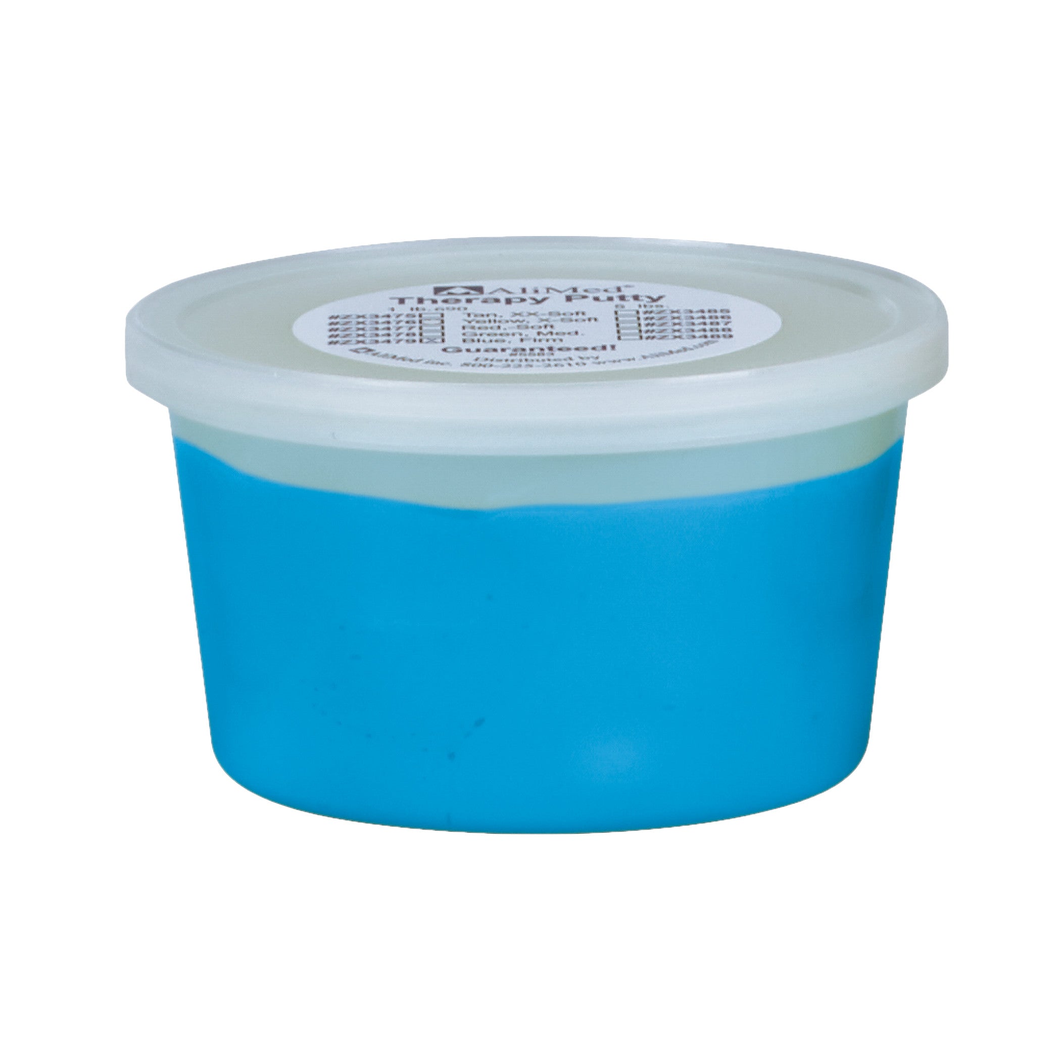 A small blue container of AliMed Color-Coded Therapy Putty with a white lid displaying product information on top.