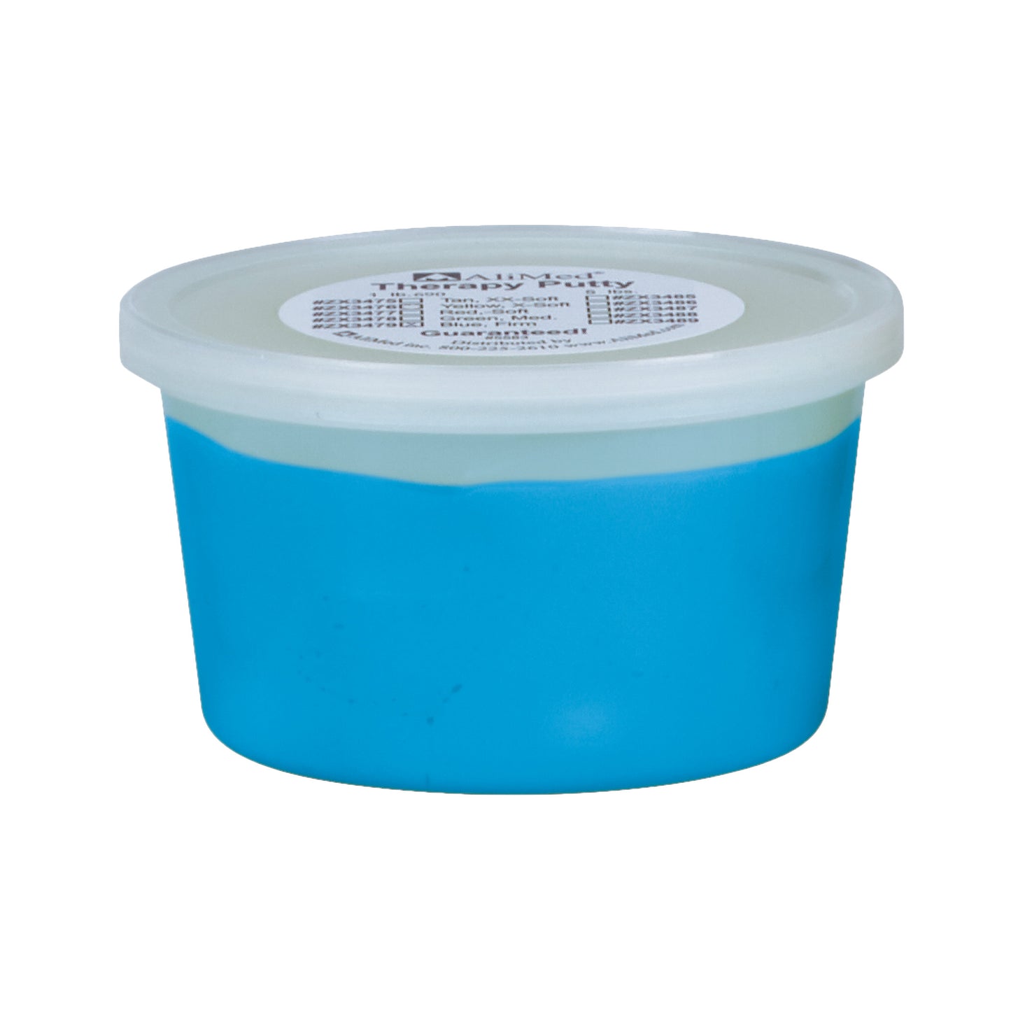 A small blue container of AliMed Color-Coded Therapy Putty with a white lid displaying product information on top.
