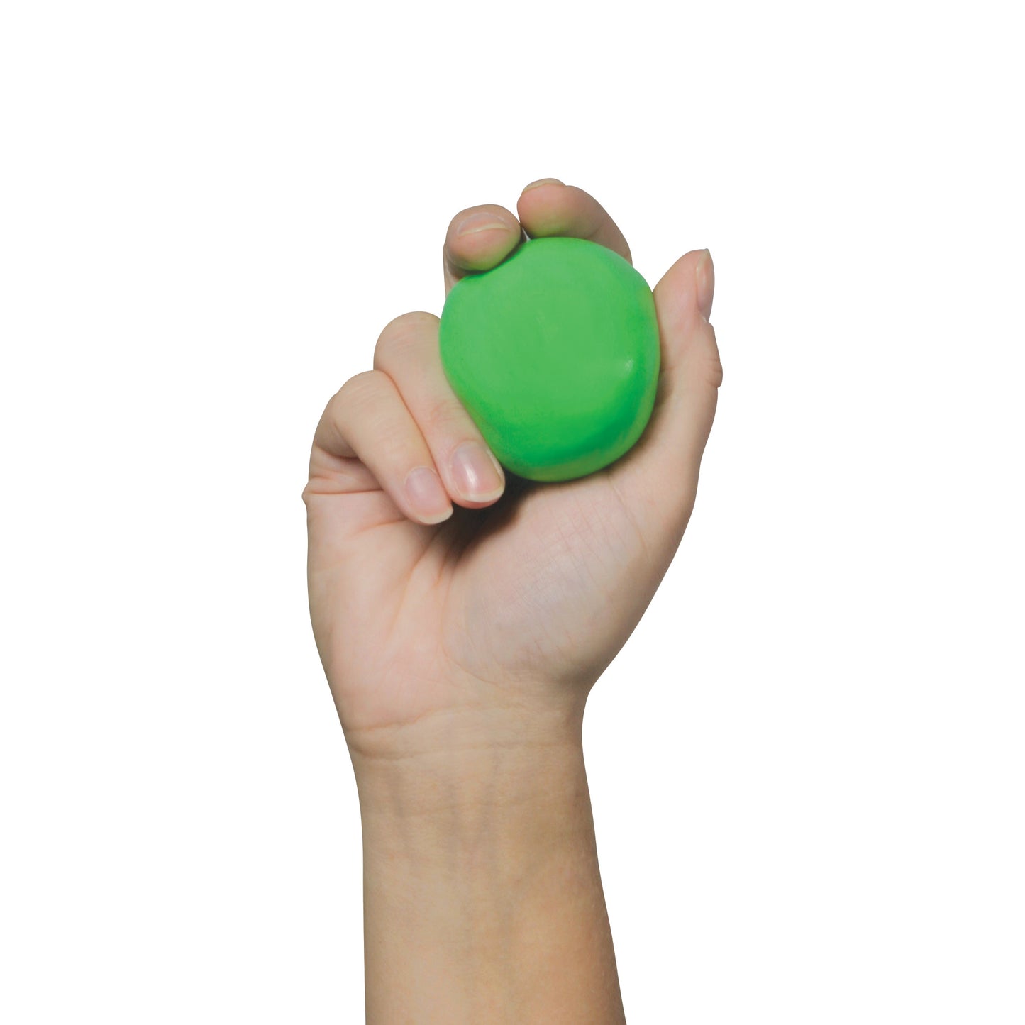 A hand holds a green piece of AliMed Color-Coded Therapy Putty against a white background.