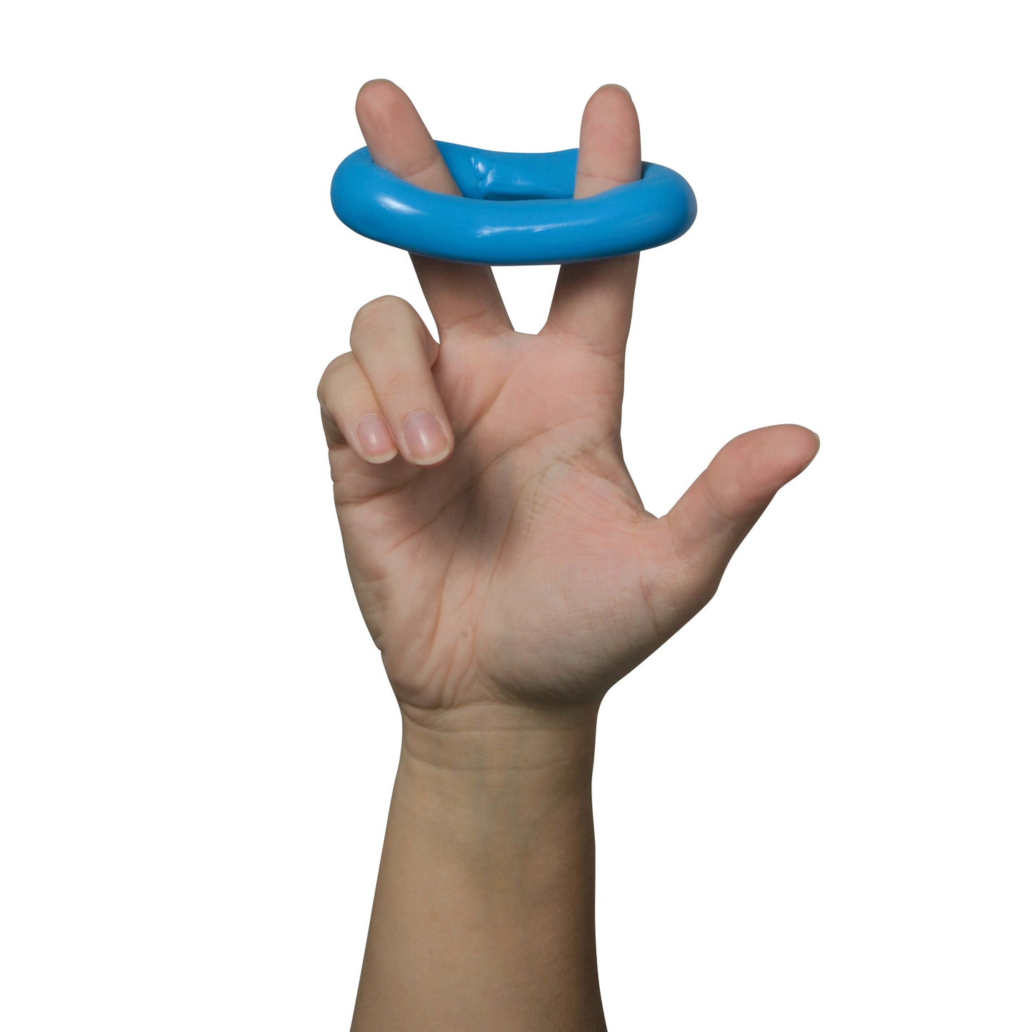 A hand holds a blue AliMed Color-Coded Therapy Putty ring around two fingers, demonstrating its stretch and flexibility.