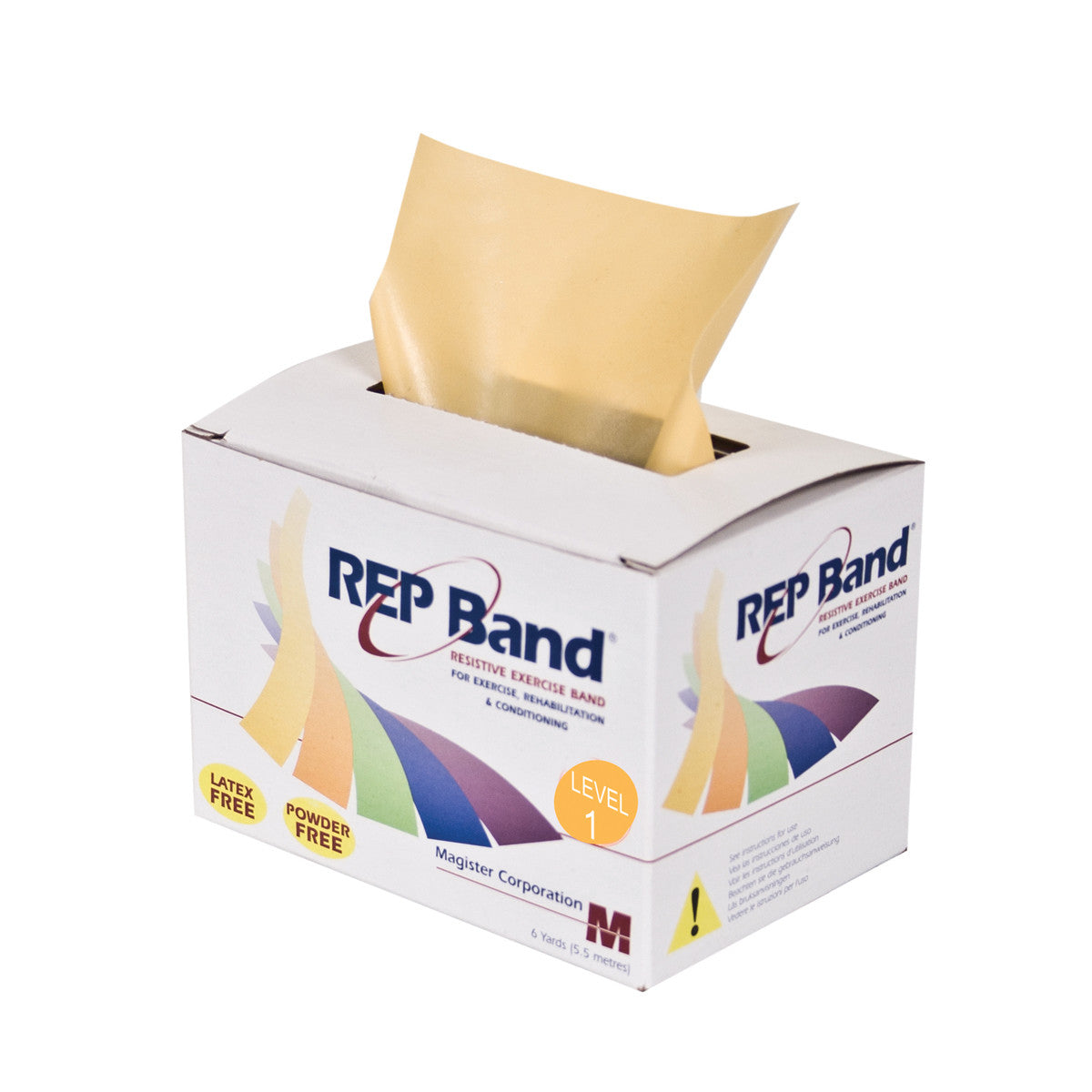 Box of REP Band Non-Latex Resistive Exercise Band, Level 1, with a yellow band partially pulled out.