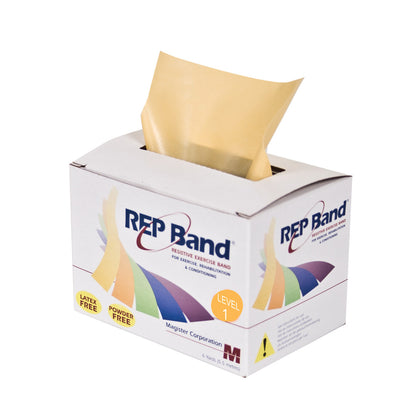 Box of REP Band Non-Latex Resistive Exercise Band, Level 1, with a yellow band partially pulled out.