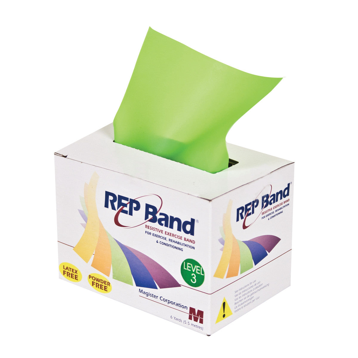 Box of REP Band Non-Latex Resistive Exercise Band, green in color, labeled as Level 3. The band is partially pulled out.