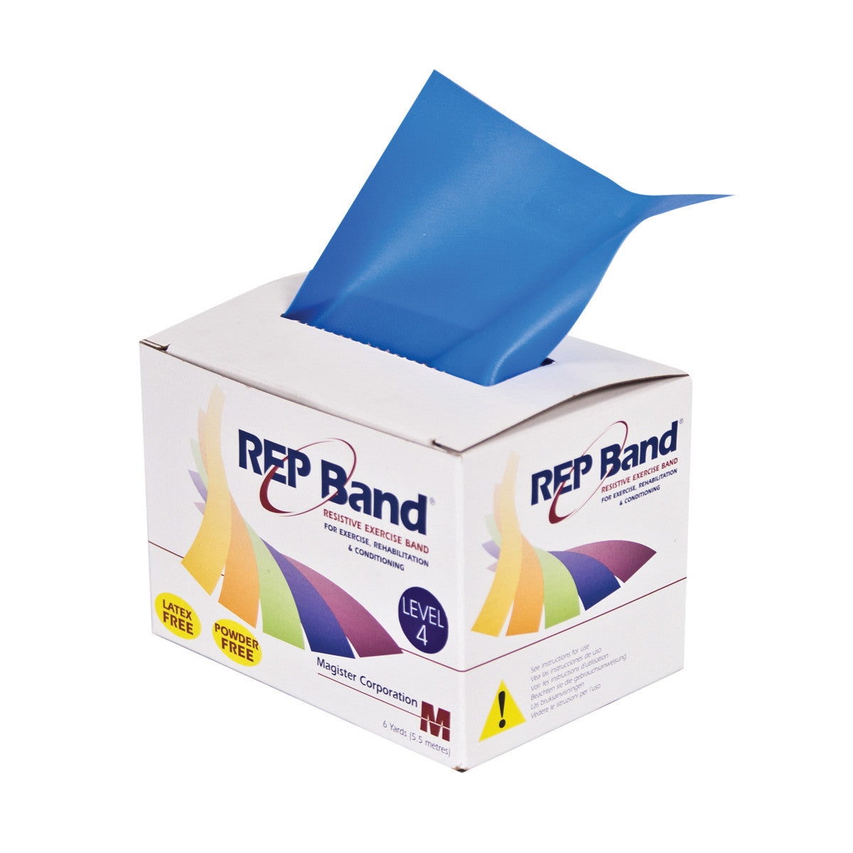 Box of REP Band Non-Latex Resistive Exercise Band with a blue band partially pulled out.