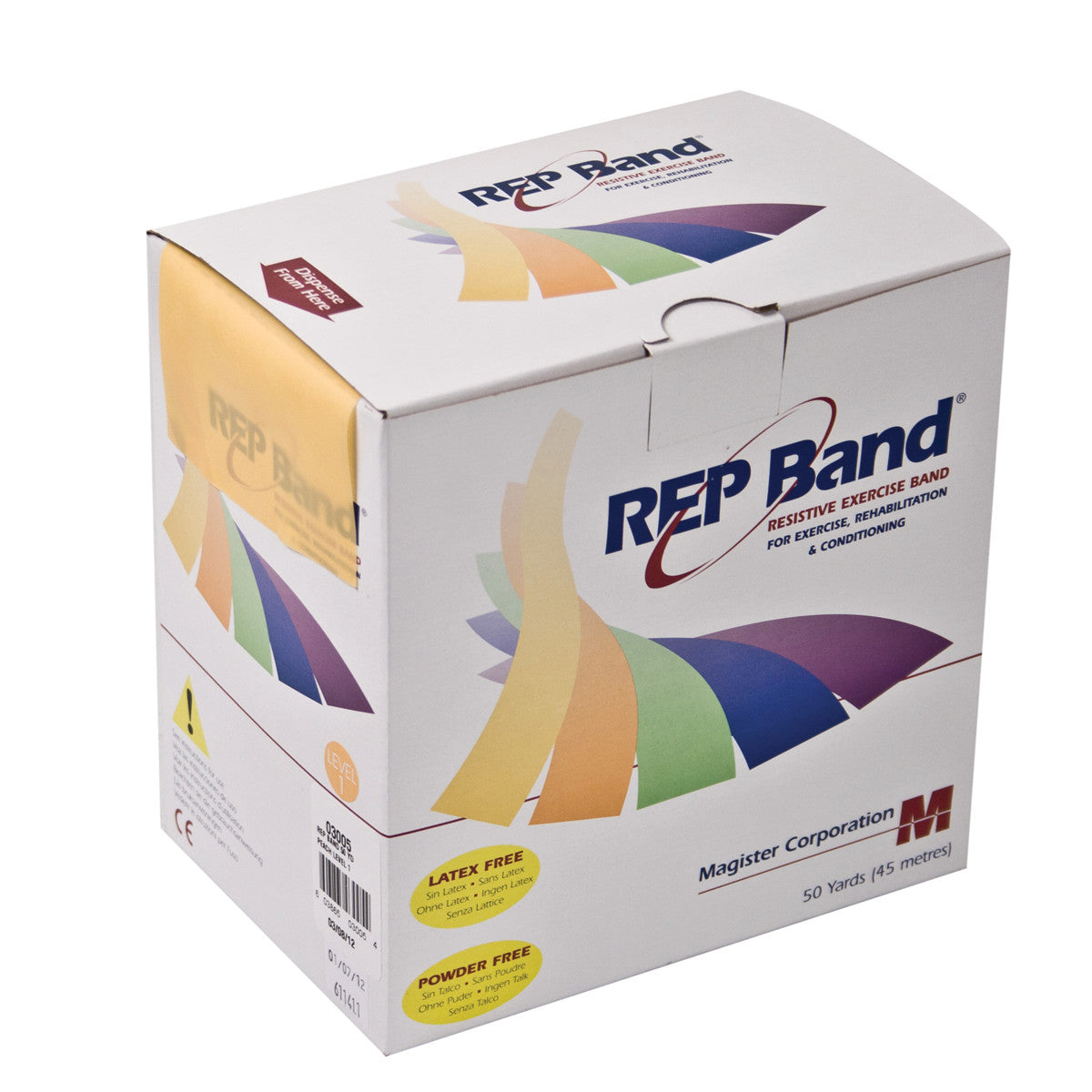 Box of REP Band Non-Latex Resistive Exercise Band, 50 yards, highlighting latex-free and powder-free features.