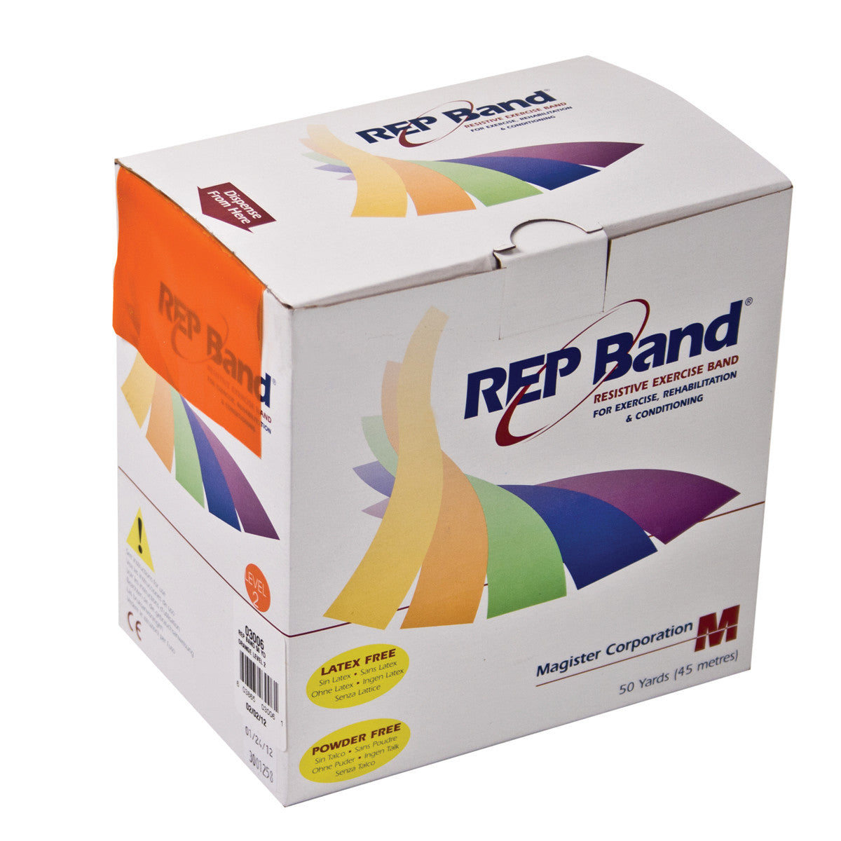 Packaging for REP Band Non-Latex Resistive Exercise Band, 50 yards, featuring colorful bands on a white box and latex-free label.