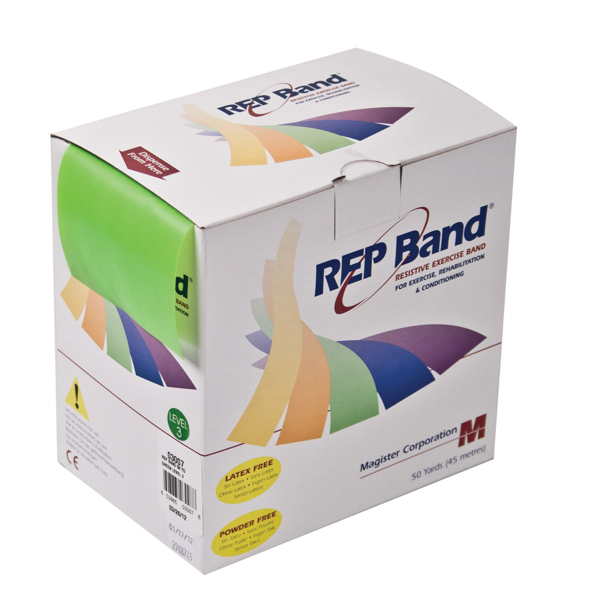 Box of REP Band Non-Latex Resistive Exercise Band, showing green band and multicolor design. Labeled as latex and powder free.