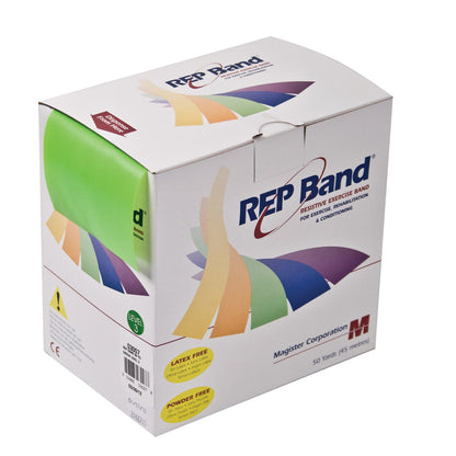 Box of REP Band Non-Latex Resistive Exercise Band, showing green band and multicolor design. Labeled as latex and powder free.