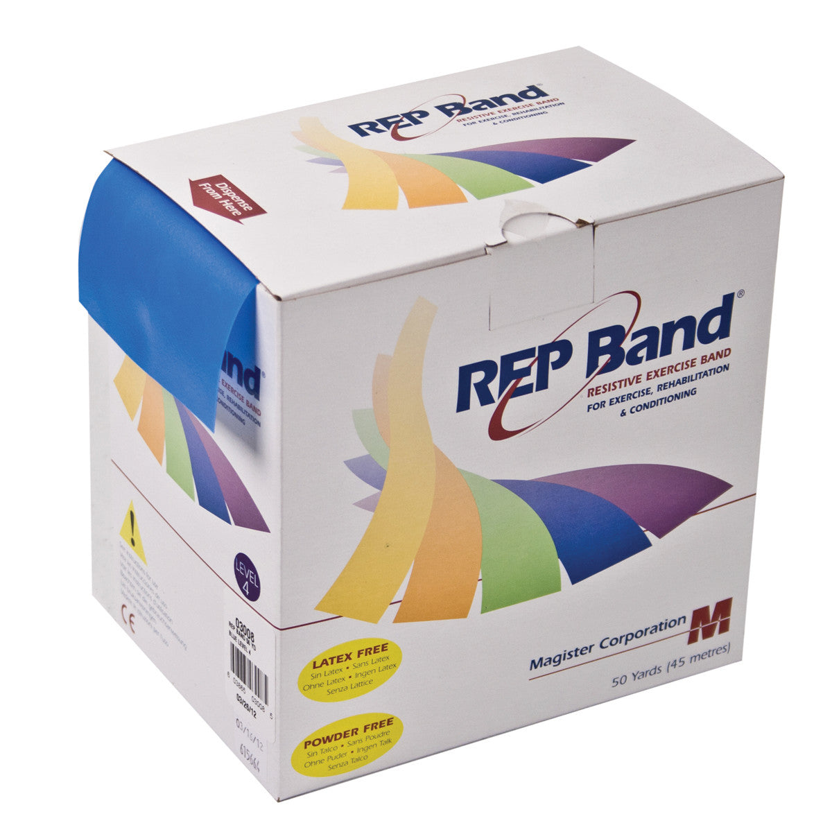 Box of REP Band Non-Latex Resistive Exercise Band. Features colorful bands design, labeled "Latex Free" and "Powder Free."