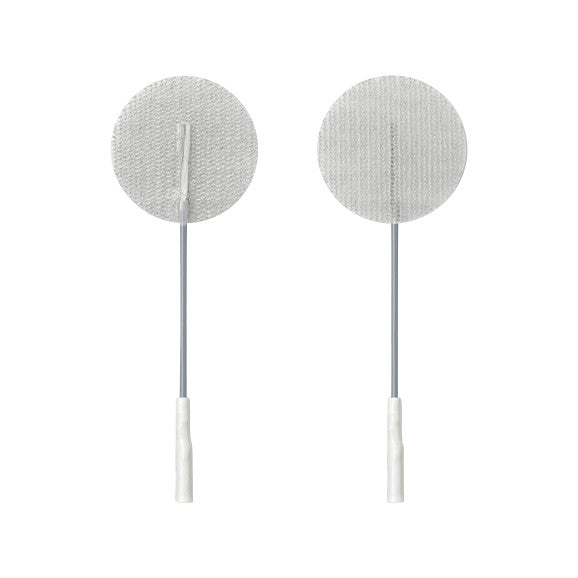 Two PALS Reusable Neurostimulation Cloth Electrodes with round white pads and attached thin gray wires.