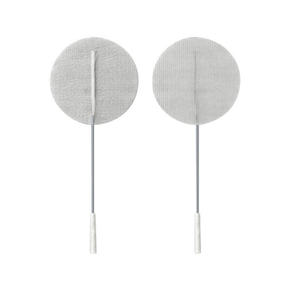 Two PALS Reusable Neurostimulation Cloth Electrodes with round fabric pads and attached cables, viewed from the front and back.