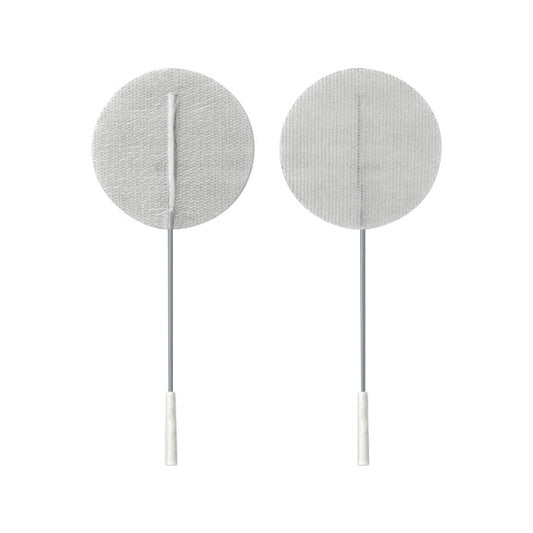 Two PALS Reusable Neurostimulation Cloth Electrodes with round fabric pads and attached cables, viewed from the front and back.