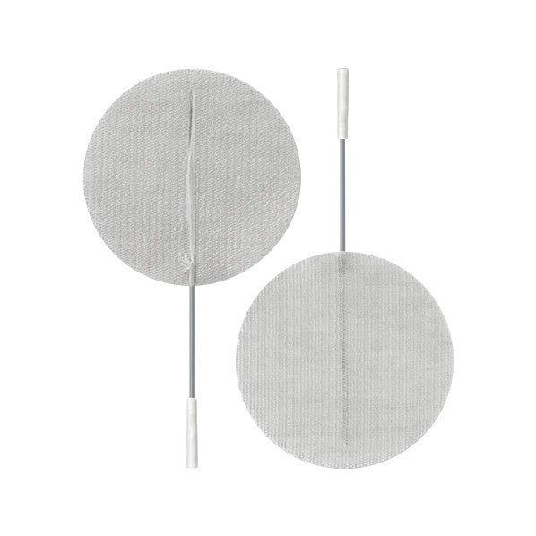 Two PALS Reusable Neurostimulation Cloth Electrodes with circular pads and attached wires on a white background.