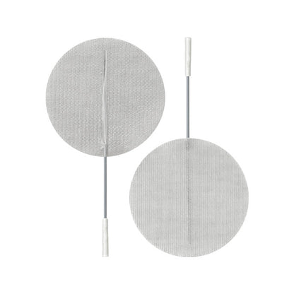 Two PALS Reusable Neurostimulation Cloth Electrodes with circular pads and attached wires on a white background.