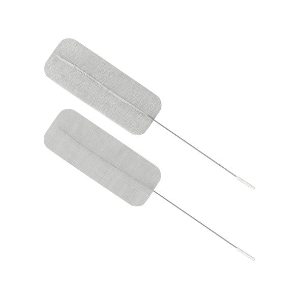 Two PALS Reusable Neurostimulation Cloth Electrodes with thin metal leads, shown side-by-side on a white background.