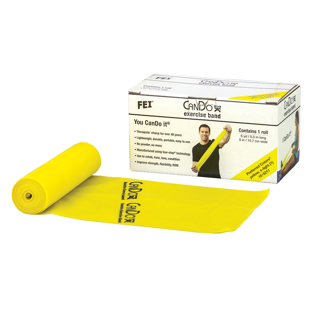 Yellow CanDo Latex Exercise Band roll next to its box. The box highlights features and shows a person using the band.