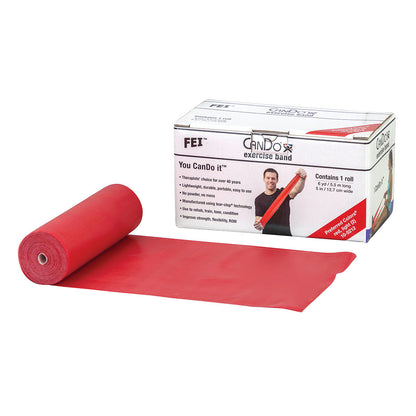 Red CanDo Latex Exercise Band roll next to its box, featuring product details and an image of a person using the band.