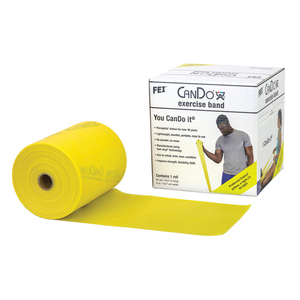 Yellow CanDo Latex Exercise Band roll next to its branded box, featuring an image of a person using the band.