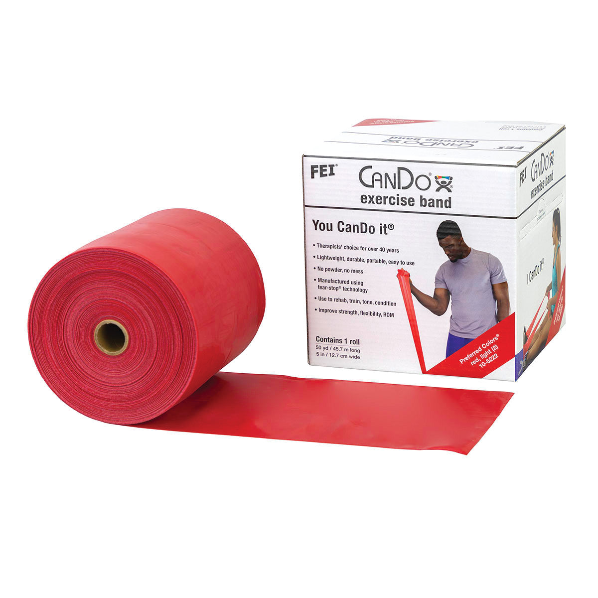 A roll of red CanDo Latex Exercise Band next to its box, which features product details and an image of a person using the band.