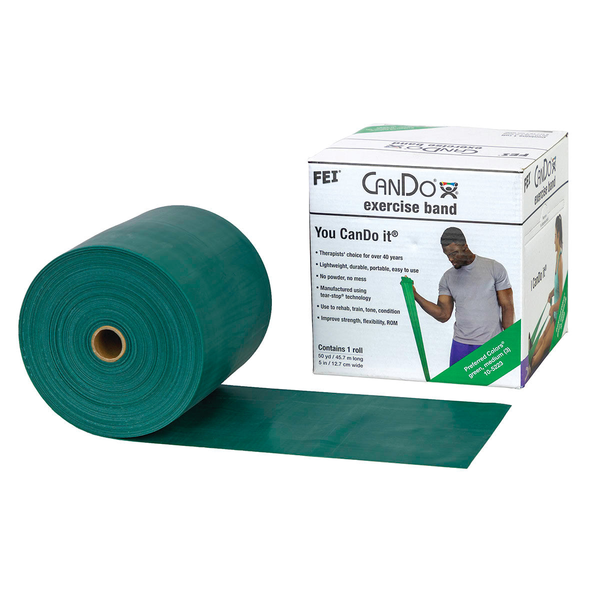 CanDo Latex Exercise Band, green, rolled out partially with packaging box in the background. Box shows product details and image.