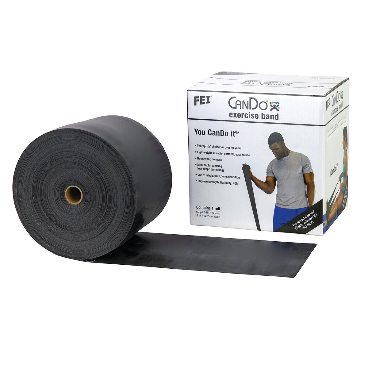 A roll of CanDo Latex Exercise Band is displayed next to its packaging box, which features an image of a person using the band.
